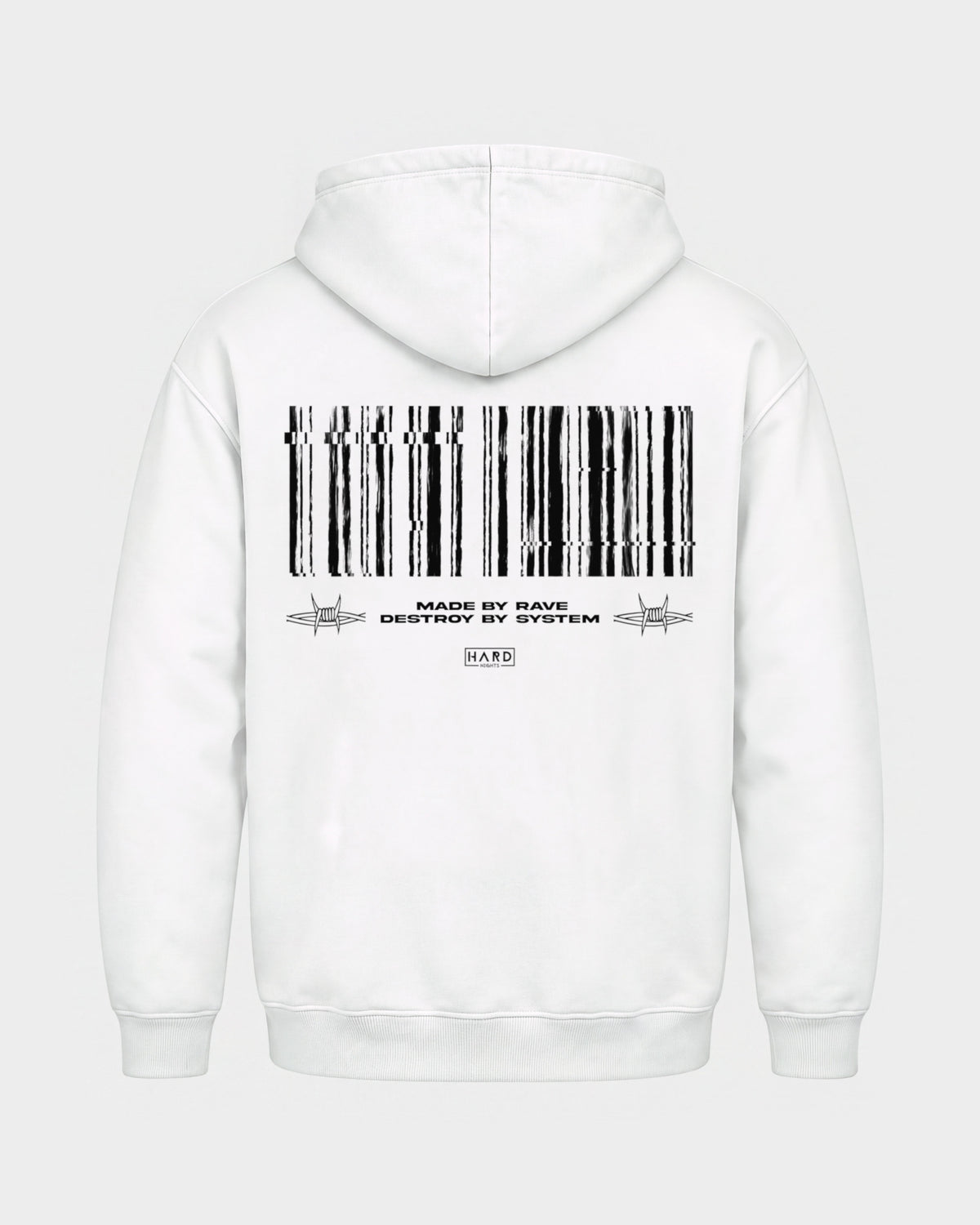 Made by rave – Basic Hoodie in Weiß, Rückenprint – Hard Nights