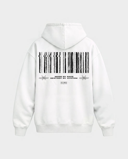 Made by rave – Oversized Hoodie in Weiß, Rückenprint – Hard Nights