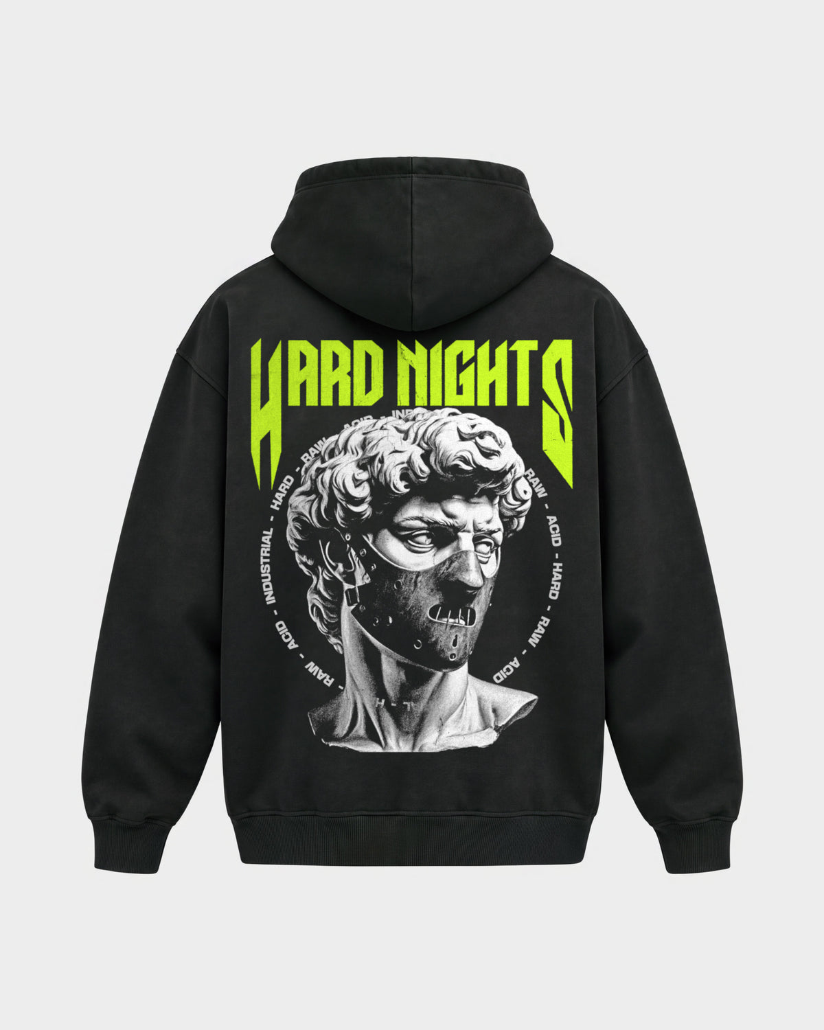 Masked Raver – Oversized Hoodie in Schwarz, Rückenprint – Hard Nights