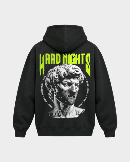 Masked Raver – Oversized Hoodie in Schwarz, Rückenprint – Hard Nights