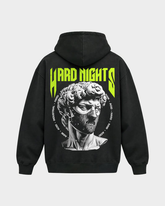 Masked Raver – Oversized Hoodie in Schwarz, Rückenprint – Hard Nights