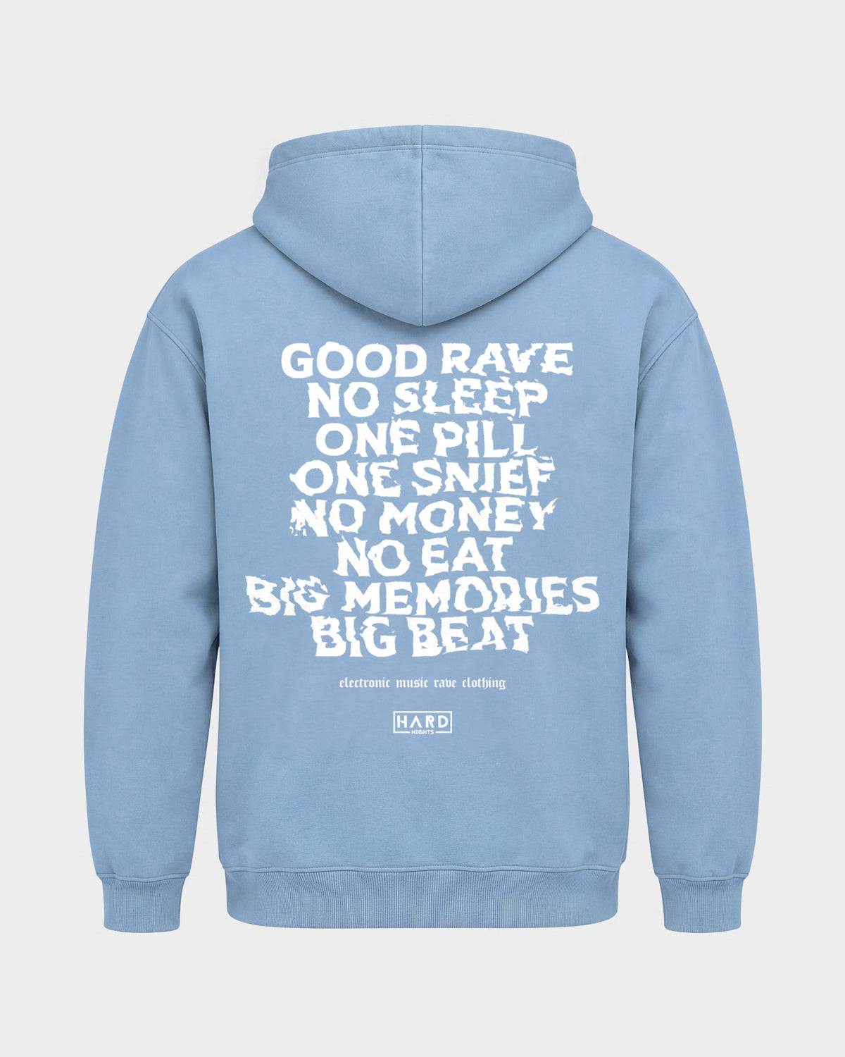 Memories – Basic Hoodie in Himmelblau, Rückenprint – Hard Nights
