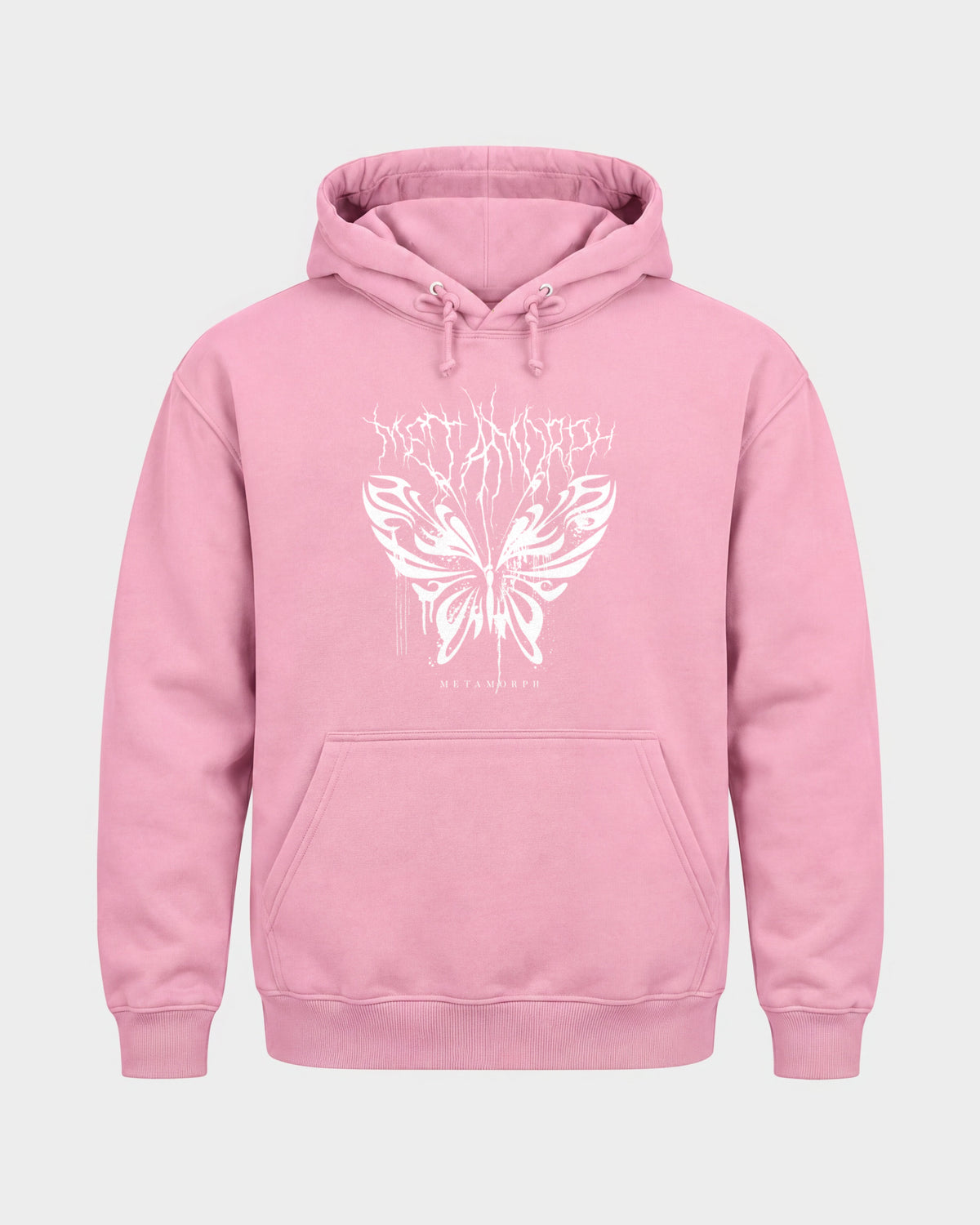 Metamorph – Basic Hoodie in Babyrosa, Frontprint – Hard Nights