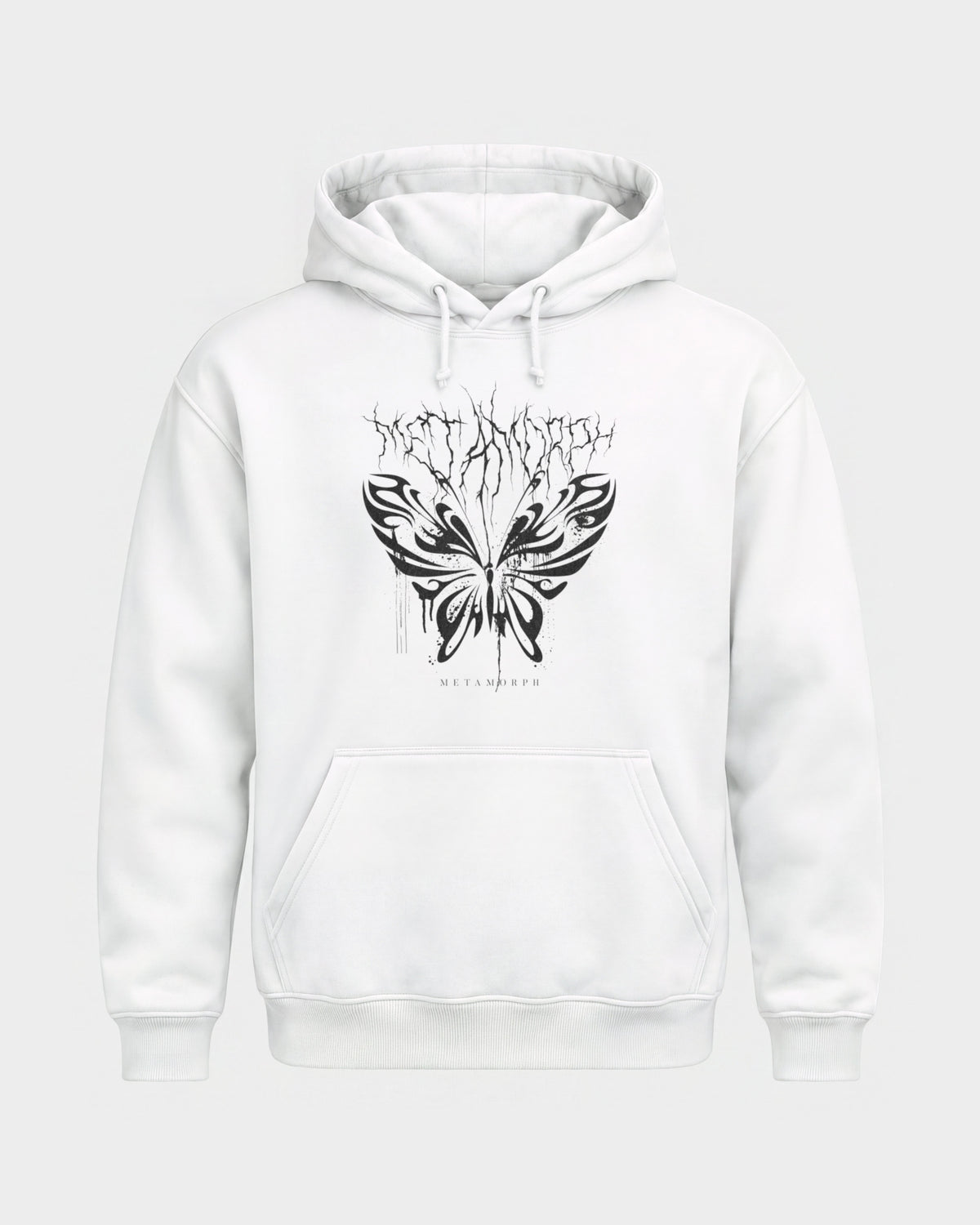 Metamorph – Basic Hoodie in Weiß, Frontprint – Hard Nights