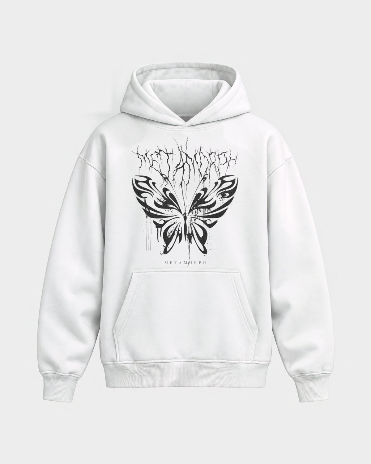 Metamorph – Oversized Hoodie in Weiß, Frontprint – Hard Nights