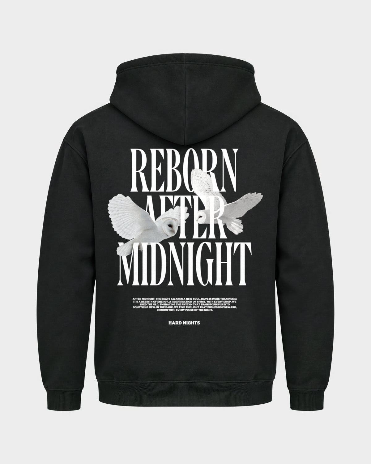 Midnight Owls – Basic Hoodie in Schwarz, Rückenprint – Hard Nights