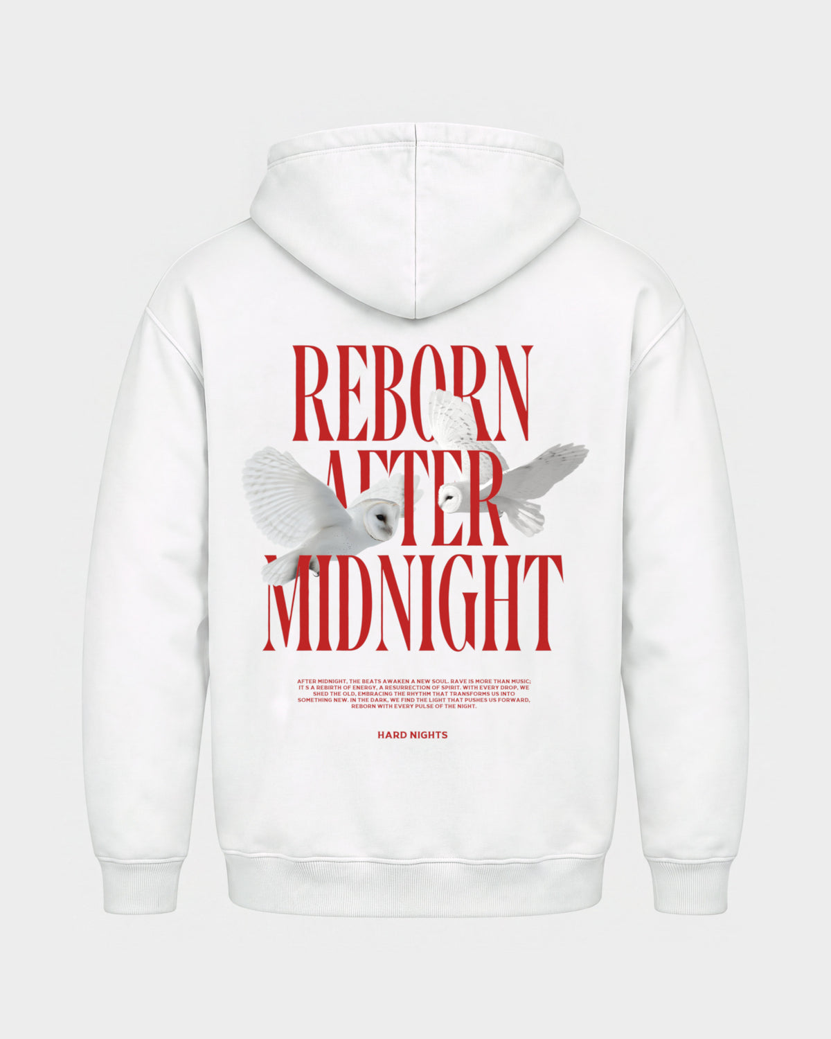 Midnight Owls – Basic Hoodie in Weiß, Rückenprint – Hard Nights