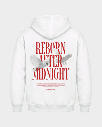 Midnight Owls – Basic Hoodie in Weiß, Rückenprint – Hard Nights