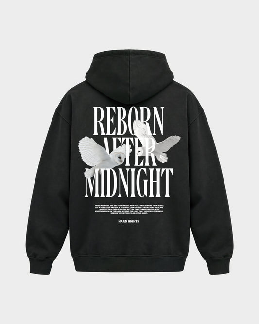 Midnight Owls – Oversized Hoodie in Schwarz, Rückenprint – Hard Nights