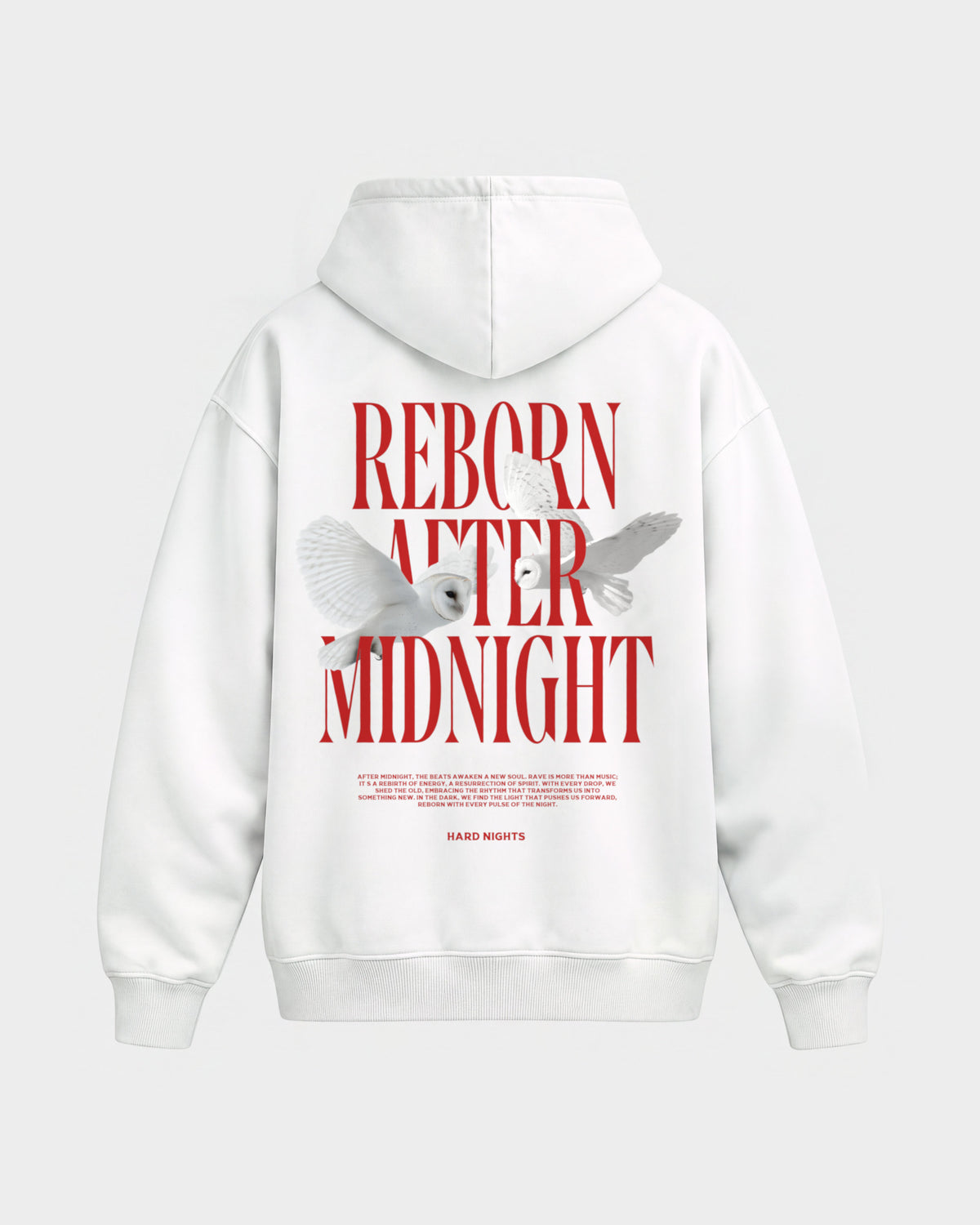 Midnight Owls – Oversized Hoodie in Weiß, Rückenprint – Hard Nights