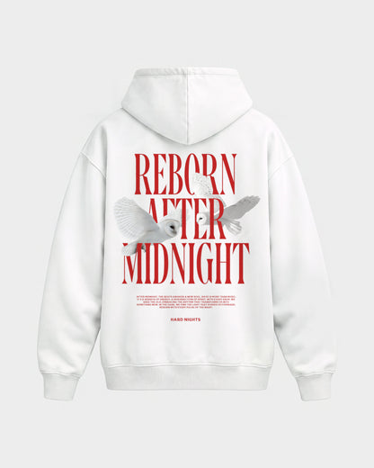 Midnight Owls – Oversized Hoodie in Weiß, Rückenprint – Hard Nights
