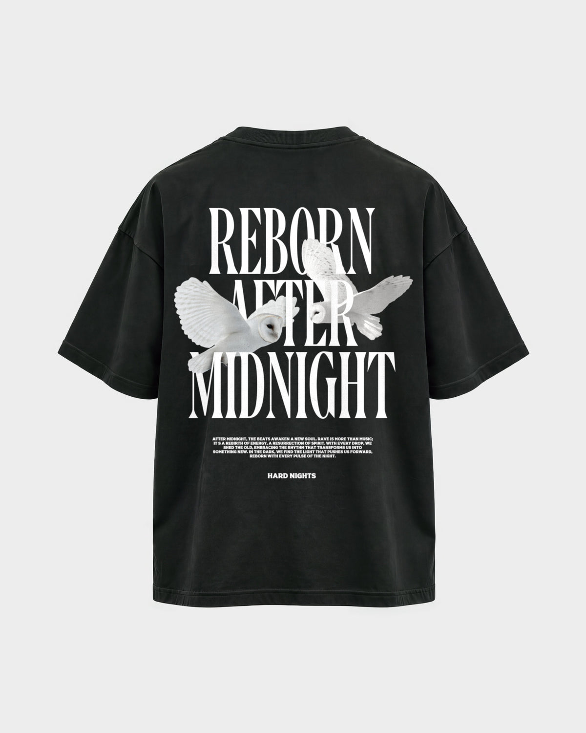 Midnight Owls – Oversized Shirt in Schwarz, Rückenprint – Hard Nights