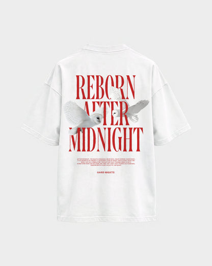 Midnight Owls – Oversized Shirt in Weiß, Rückenprint – Hard Nights