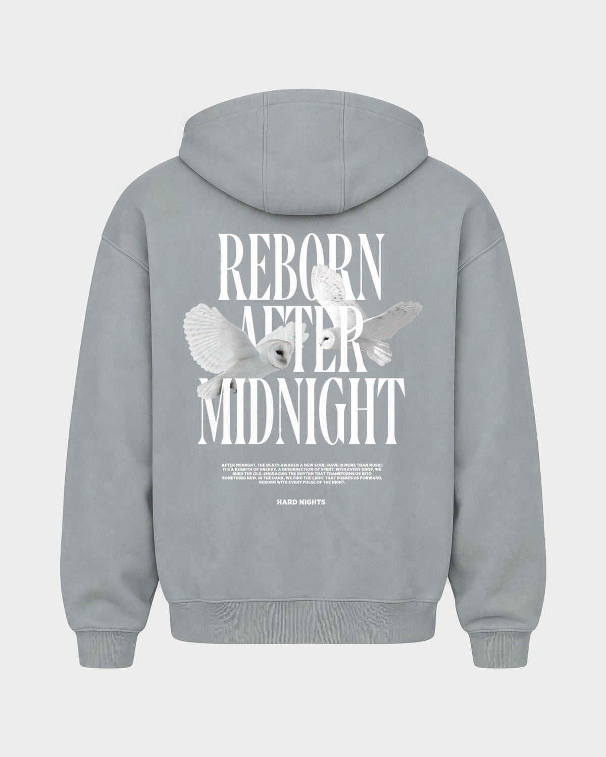 Midnight Owls – Oversized Zipper Hoodie in Hellgrau, Rückenprint – Hard Nights