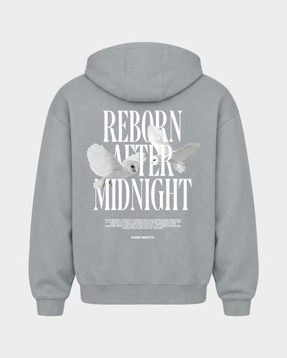 Midnight Owls – Oversized Zipper Hoodie in Hellgrau, Rückenprint – Hard Nights