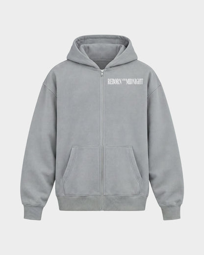 Midnight Owls – Oversized Zipper Hoodie in Hellgrau, Frontprint – Hard Nights