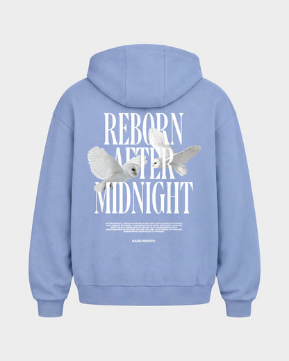 Midnight Owls – Oversized Zipper Hoodie in Puderblau, Rückenprint – Hard Nights