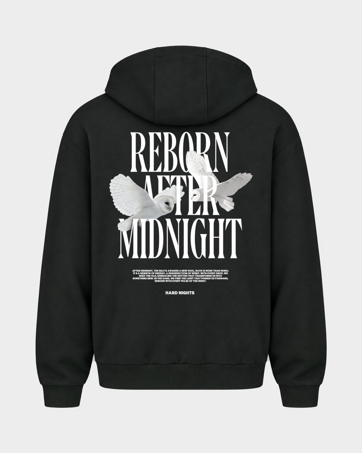 Midnight Owls – Oversized Zipper Hoodie in Schwarz, Rückenprint – Hard Nights