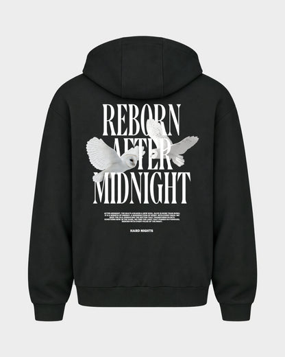 Midnight Owls – Oversized Zipper Hoodie in Schwarz, Rückenprint – Hard Nights