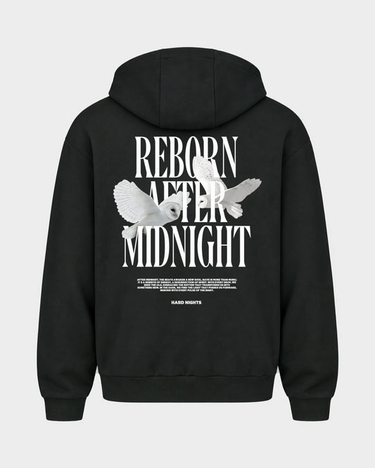 Midnight Owls – Oversized Zipper Hoodie in Schwarz, Rückenprint – Hard Nights
