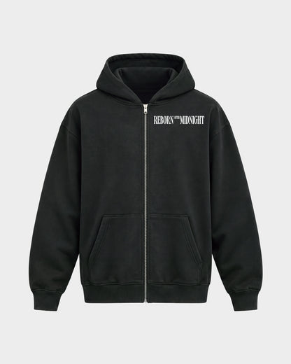 Midnight Owls – Oversized Zipper Hoodie in Schwarz, Frontprint – Hard Nights