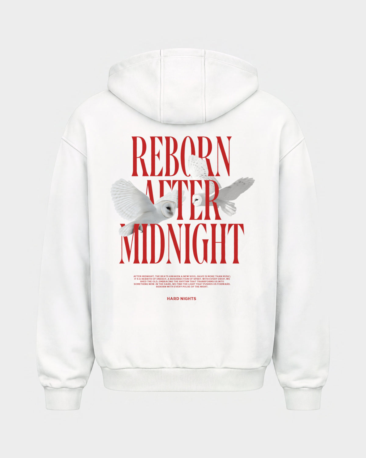 Midnight Owls – Oversized Zipper Hoodie in Weiß, Rückenprint – Hard Nights