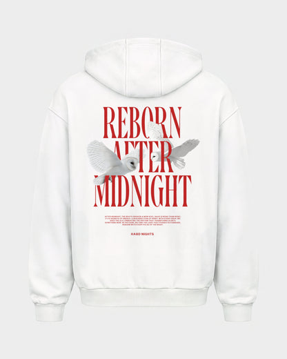 Midnight Owls – Oversized Zipper Hoodie in Weiß, Rückenprint – Hard Nights