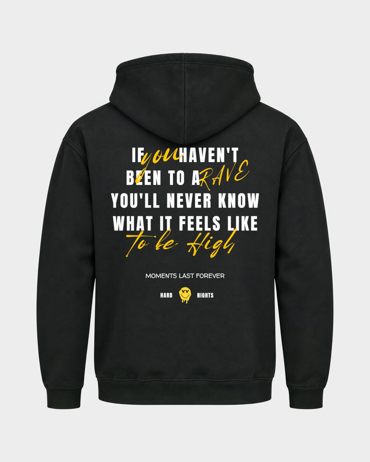 Moments last forever – Basic Hoodie in Schwarz, Rückenprint – Hard Nights