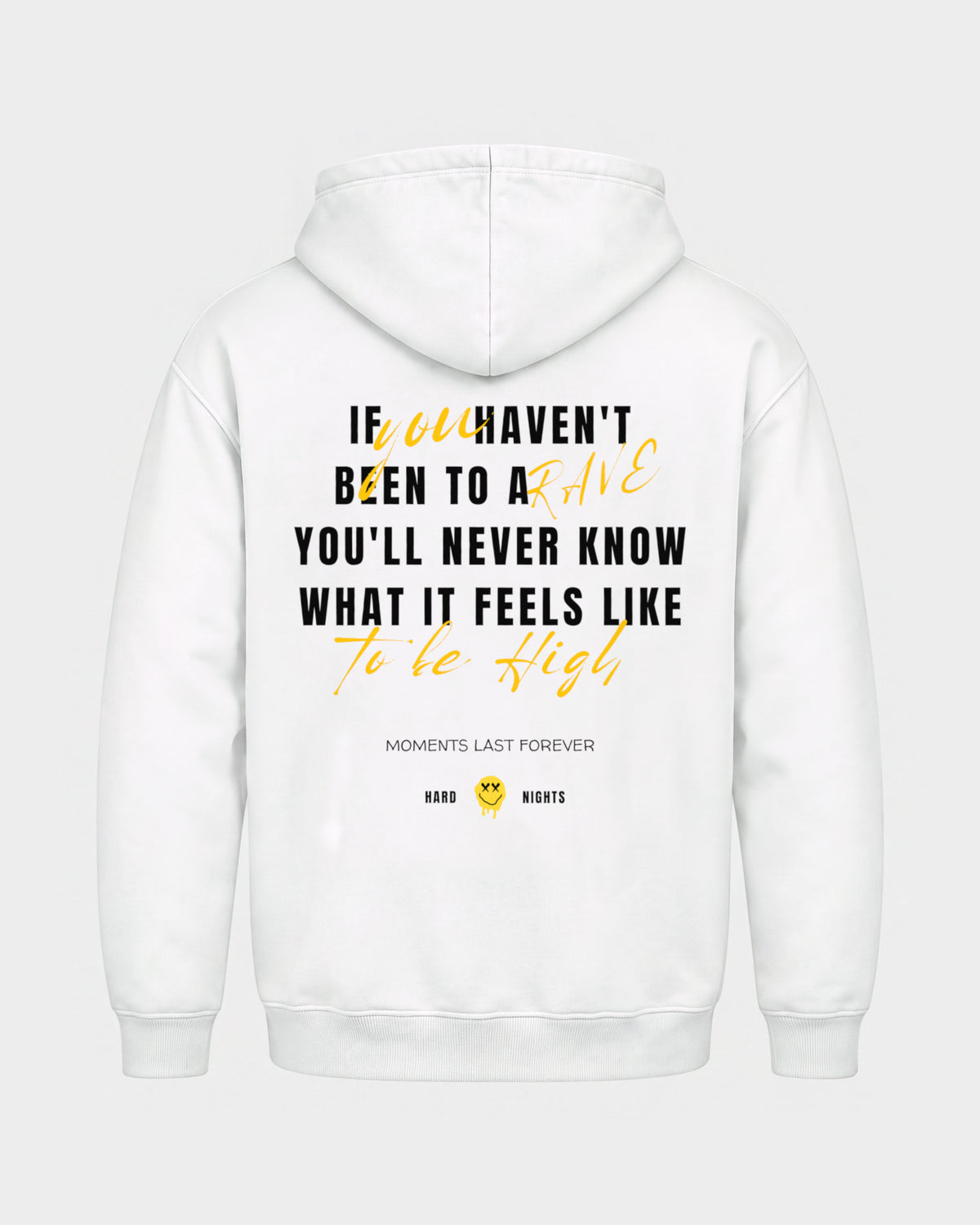 Moments last forever – Basic Hoodie in Weiß, Rückenprint – Hard Nights