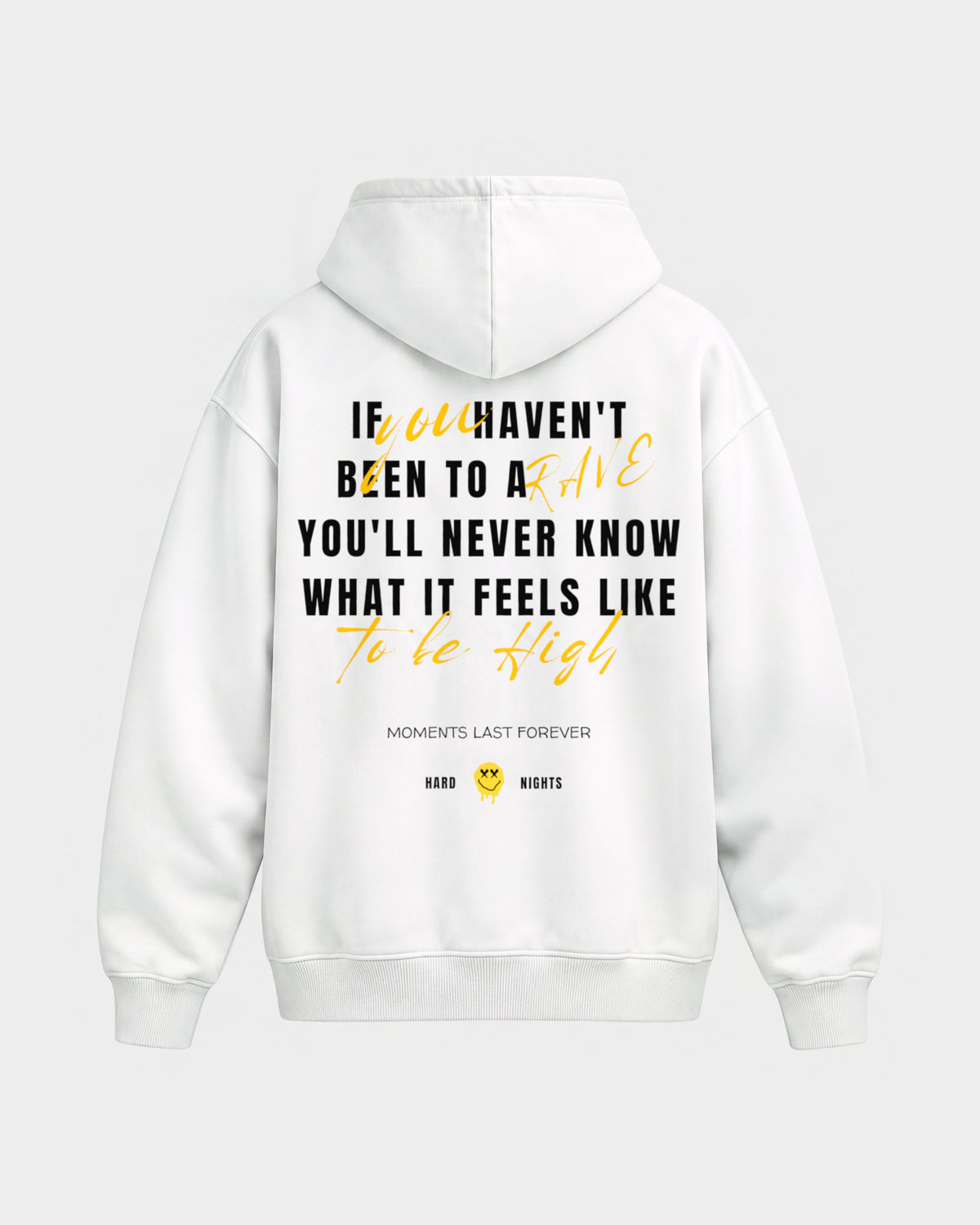 Moments last forever – Oversized Hoodie in Weiß, Rückenprint – Hard Nights