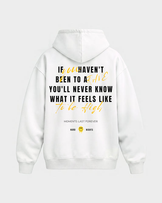 Moments last forever – Oversized Hoodie in Weiß, Rückenprint – Hard Nights