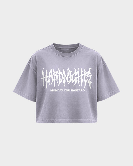 Monday you bastard – Oversized Crop Top in Soft Lila, Frontprint – Hard Nights