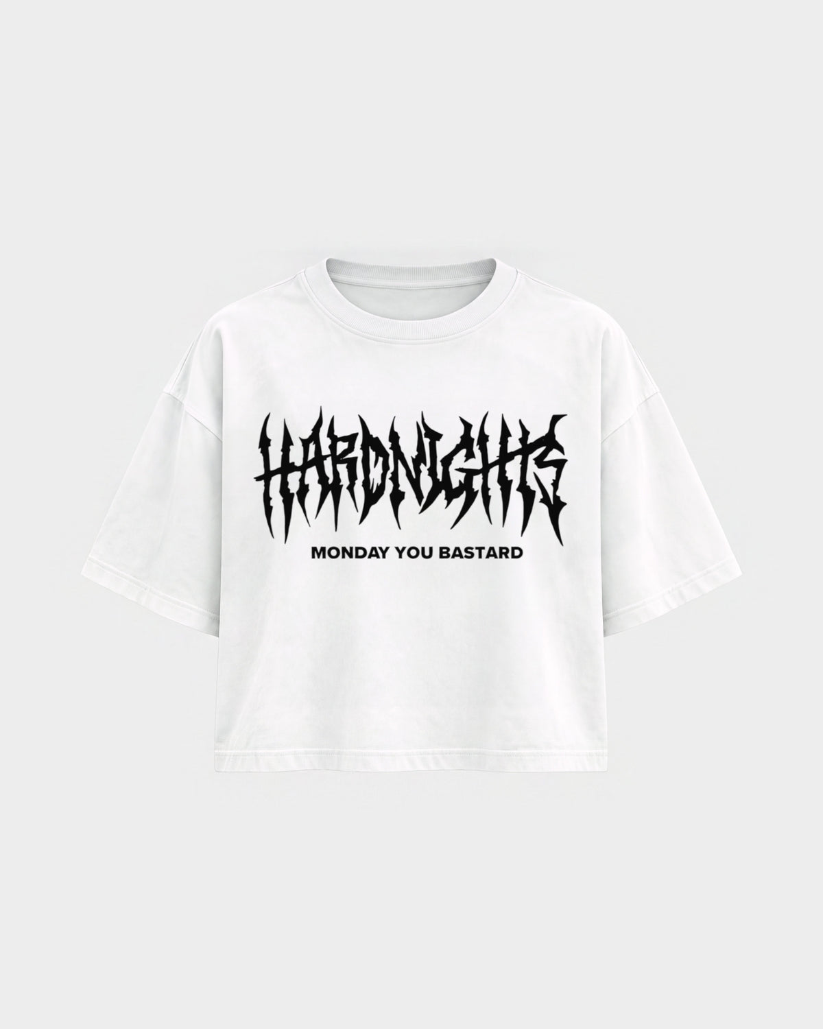 Monday you bastard – Oversized Crop Top in Weiß, Frontprint – Hard Nights