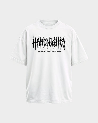 Monday you bastard – Oversized Shirt in Weiß, Frontprint – Hard Nights