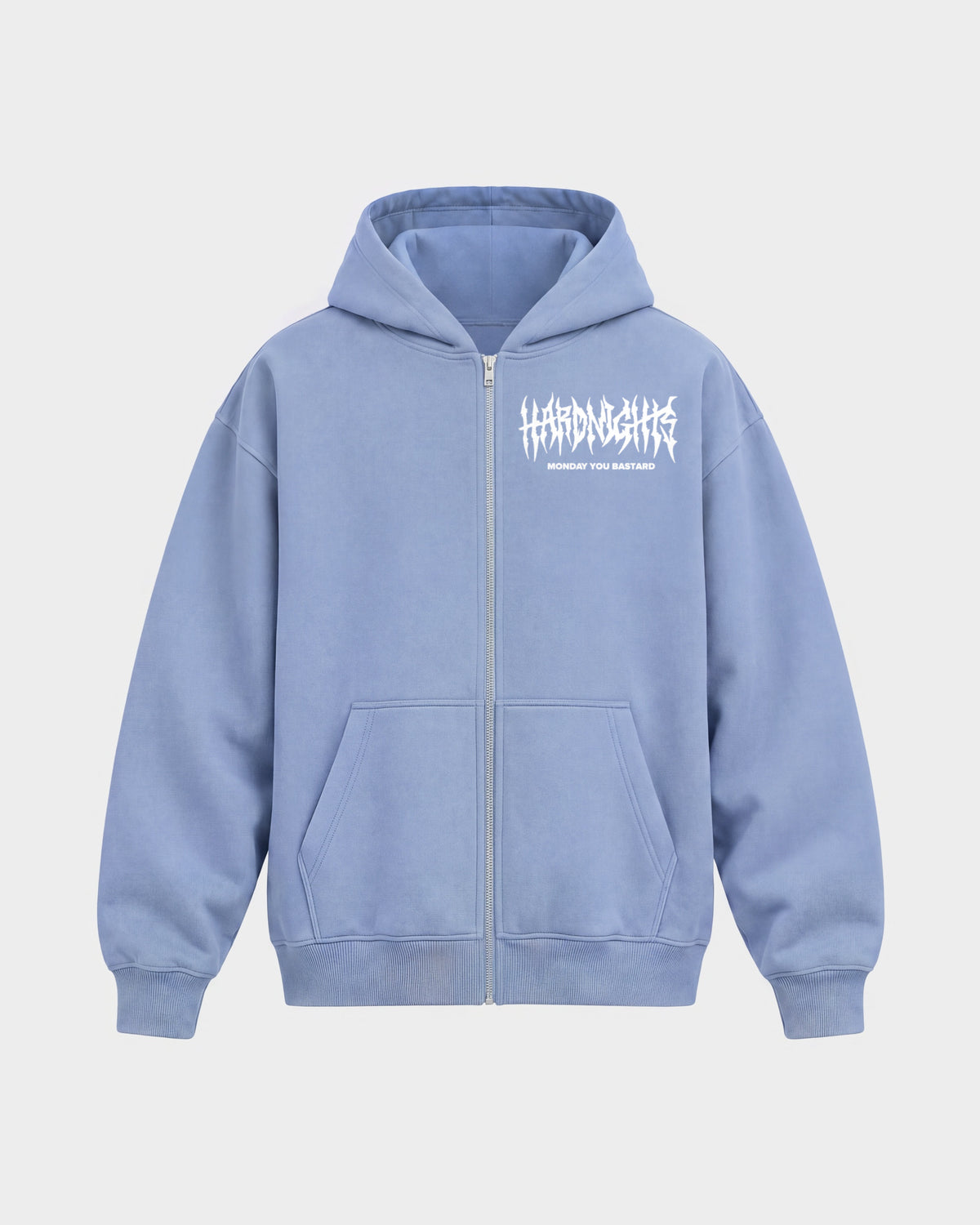 Monday you bastard – Oversized Zipper Hoodie in Puderblau, Frontprint – Hard Nights