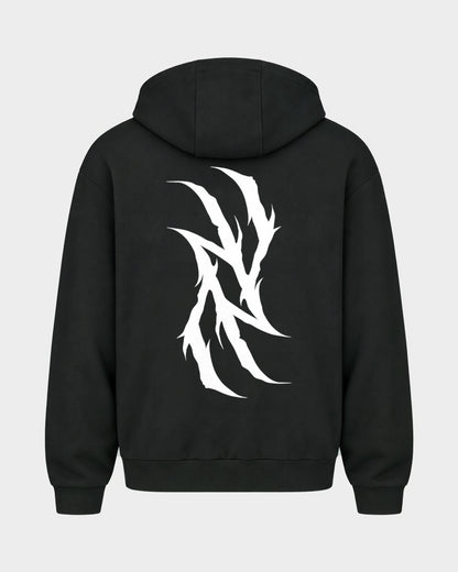 Monday you bastard – Oversized Zipper Hoodie in Schwarz, Rückenprint – Hard Nights