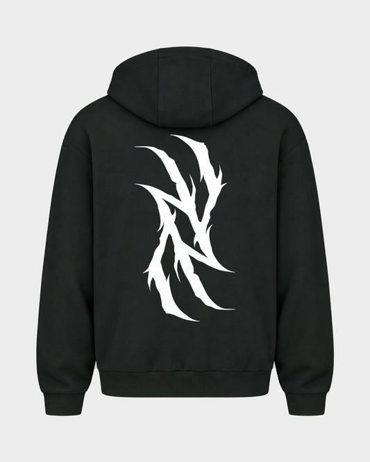 Monday you bastard – Oversized Zipper Hoodie in Schwarz, Rückenprint – Hard Nights