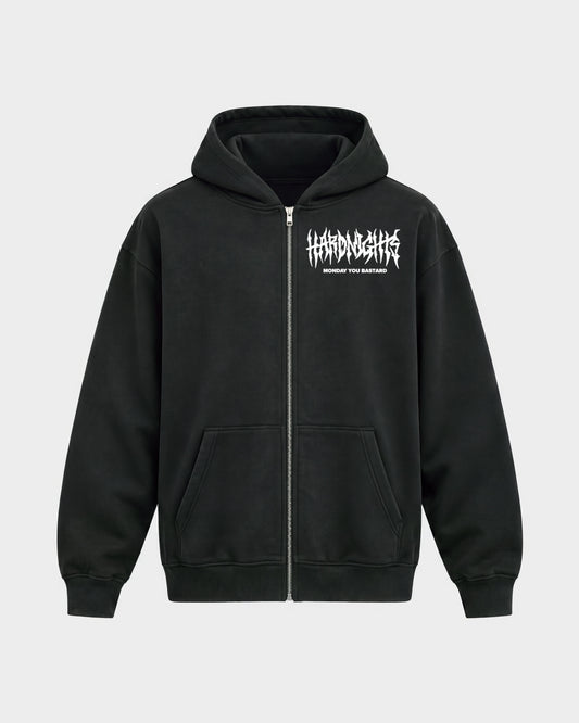 Monday you bastard – Oversized Zipper Hoodie in Schwarz, Frontprint – Hard Nights