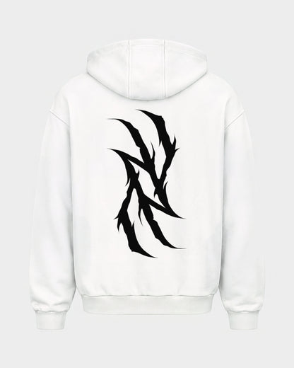 Monday you bastard – Oversized Zipper Hoodie in Weiß, Rückenprint – Hard Nights