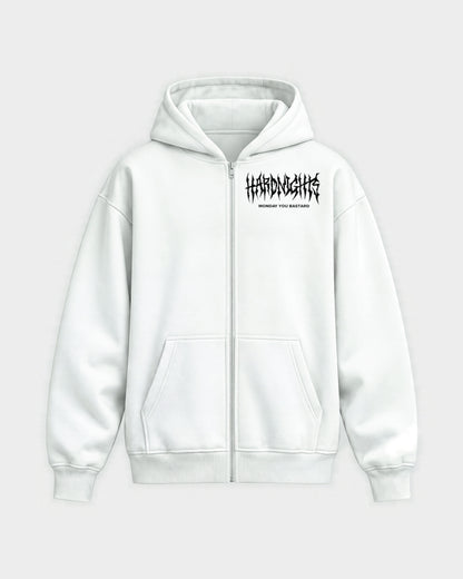 Monday you bastard – Oversized Zipper Hoodie in Weiß, Frontprint – Hard Nights