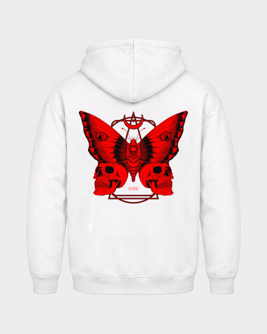 Moth – Basic Hoodie in Weiß, Rückenprint – Hard Nights
