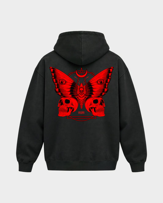 Moth – Oversized Hoodie in Schwarz, Rückenprint – Hard Nights