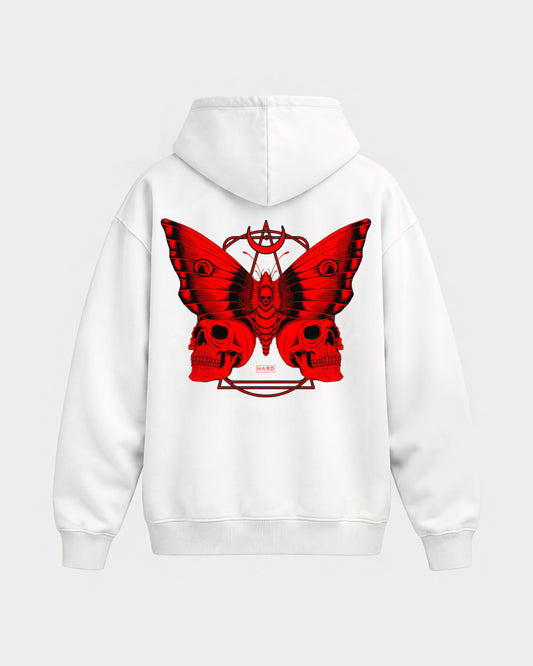 Moth – Oversized Hoodie in Weiß, Rückenprint – Hard Nights