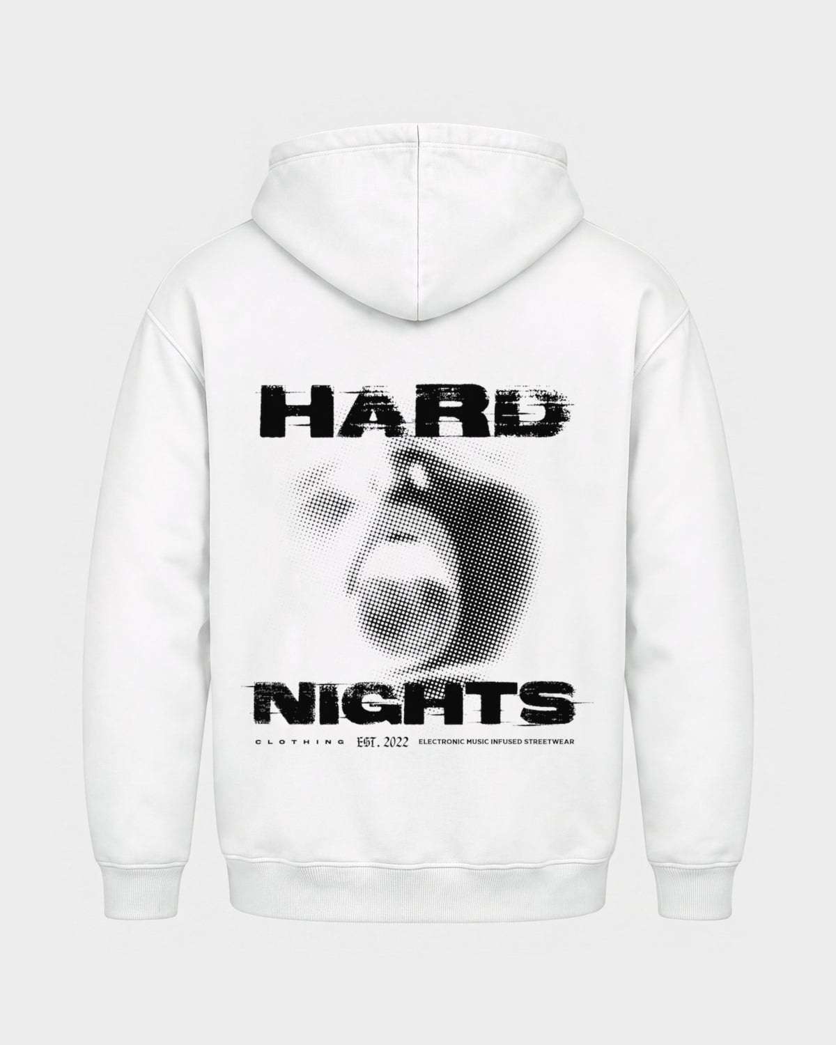 Night Face – Basic Hoodie in Weiß, Rückenprint – Hard Nights