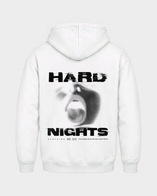 Night Face – Basic Hoodie in Weiß, Rückenprint – Hard Nights