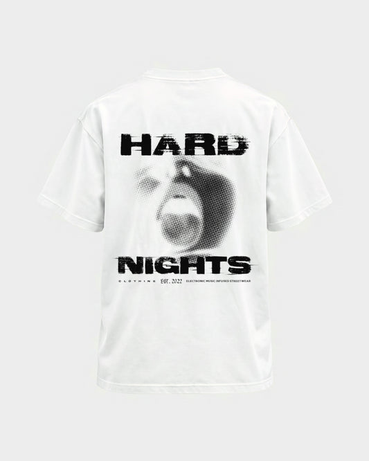 Night Face – Basic Shirt in Weiß, Rückenprint – Hard Nights
