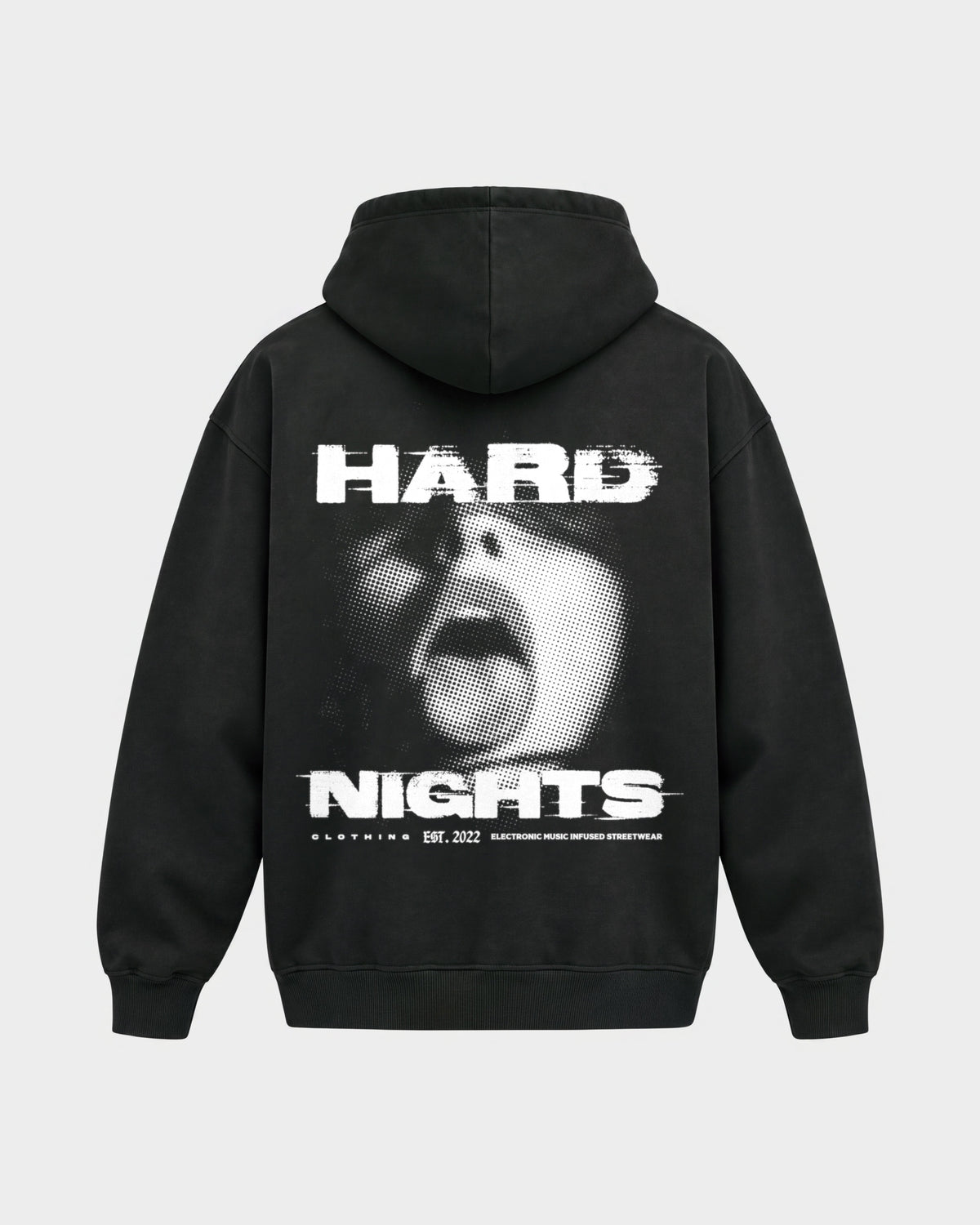 Night Face – Oversized Hoodie in Schwarz, Rückenprint – Hard Nights