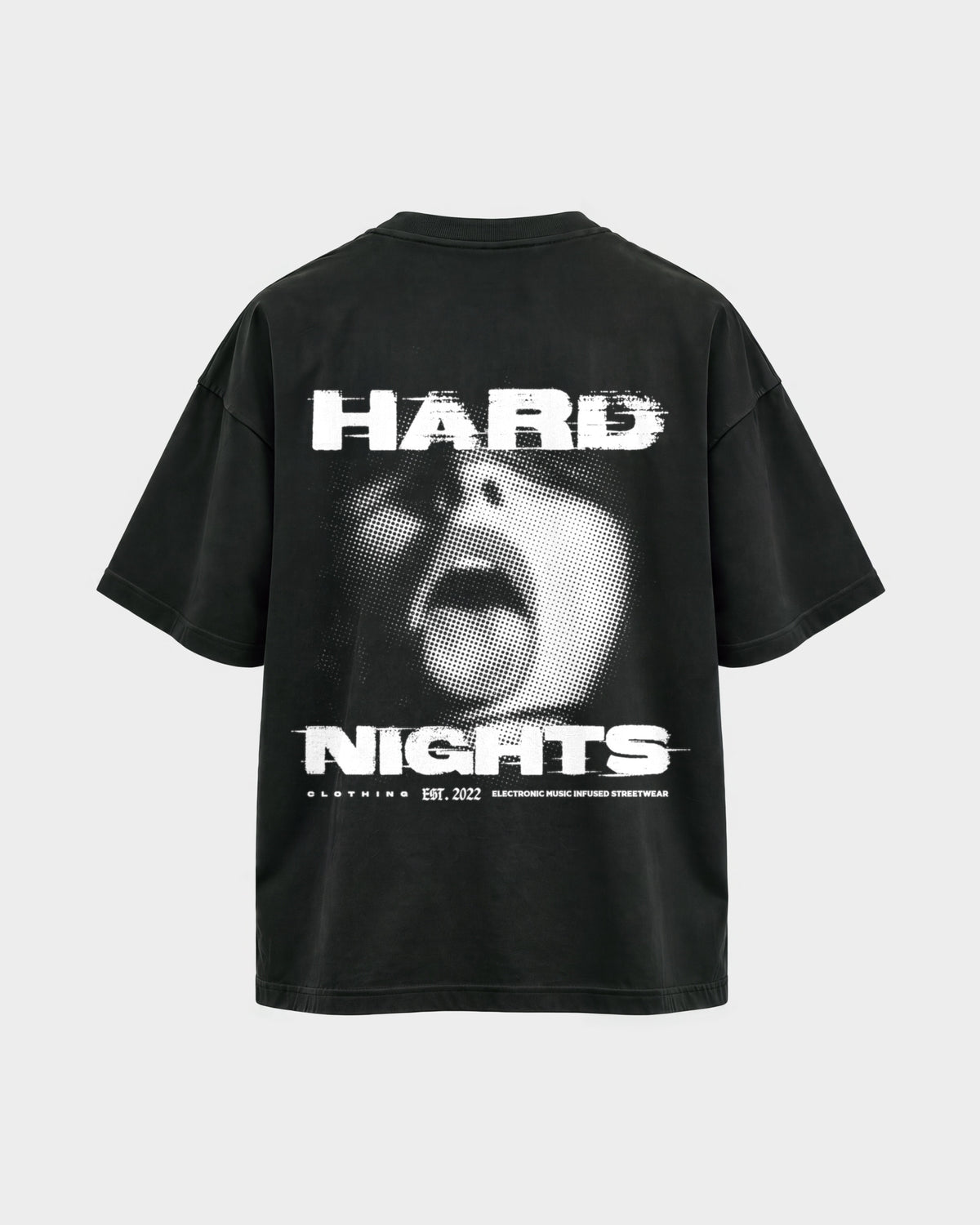 Night Face – Oversized Shirt in Schwarz, Rückenprint – Hard Nights