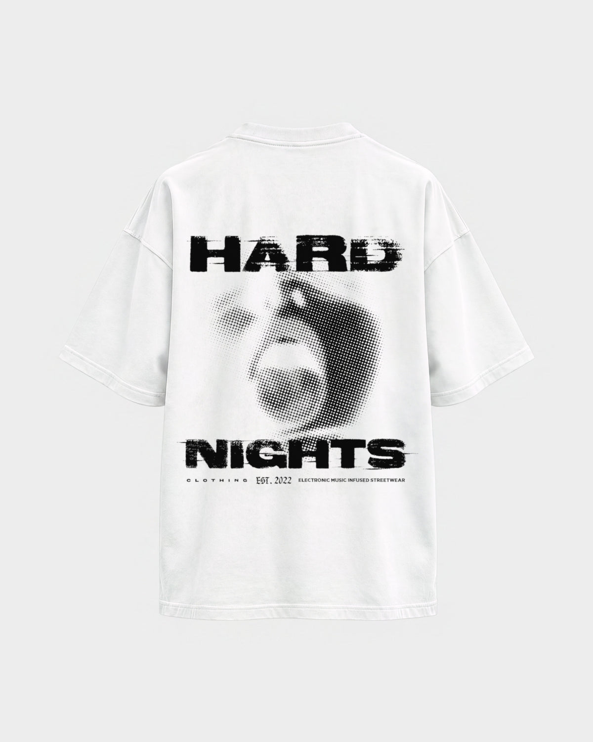 Night Face – Oversized Shirt in Weiß, Rückenprint – Hard Nights