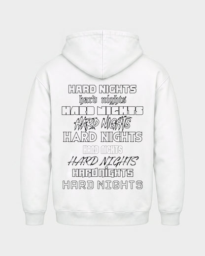 Okay – Basic Hoodie in Weiß, Rückenprint – Hard Nights